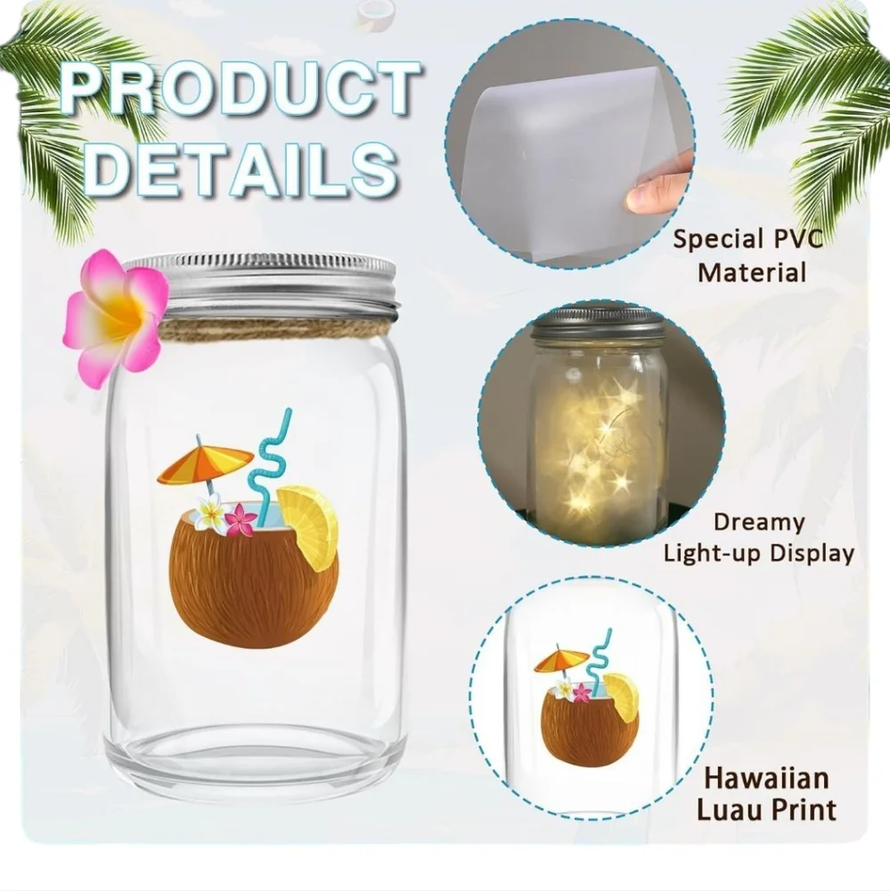 NEW - Tropical LED Mason Jar Lights - Set of 6 Hawiian Luau~Flamingos~Pineapple